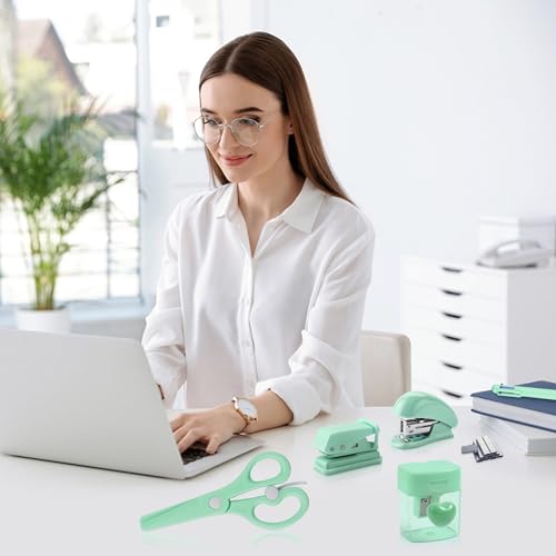Green Mini Office Supply Kit Mini School Supplies Desk Accessory Set Includes Mini Stapler Pencil Sharpener Staple Remover Hole Punch Ballpoint Pen Scissor Box Cutter Paper Clips Sticky Index Tabs - color: Green