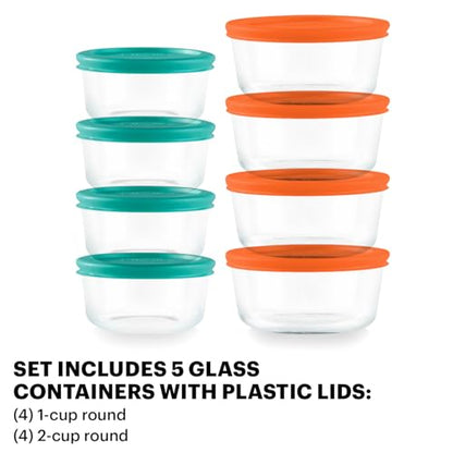 Pyrex Simply Store (8-Pack) Small Glass Food Storage Containers Set, (1 & 2 Cup) Meal Prep Containers With Plastic BPA-Free Lids, Dishwasher & Microwave Safe - size: 8 Pack (Small)
