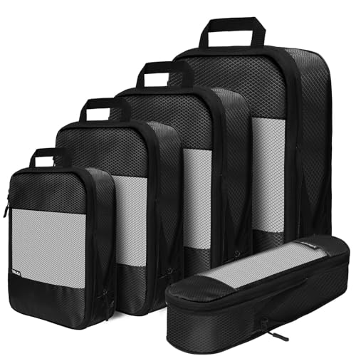 Compression Packing Cubes for Suitcases,5 Set Travel Essentials, Lightweight Luggage Organizer Bags, Travel Cubes for Carry on - color: Black