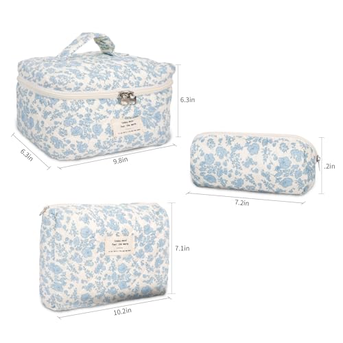GISMTR 3Pcs Cotton Quilted Makeup Bag Large Travel Cosmetic Bag Coquette Makeup Pouch Cute Aesthetic Floral Toiletry Bag for Women Girls - color: flower-B
