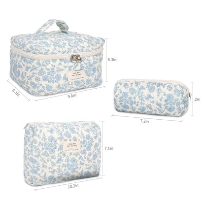 GISMTR 3Pcs Cotton Quilted Makeup Bag Large Travel Cosmetic Bag Coquette Makeup Pouch Cute Aesthetic Floral Toiletry Bag for Women Girls - color: flower-B