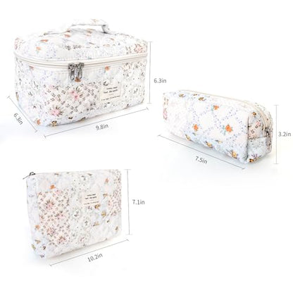 GISMTR 3Pcs Cotton Quilted Makeup Bag Large Travel Cosmetic Bag Coquette Makeup Pouch Cute Aesthetic Floral Toiletry Bag for Women Girls (flower-U) - color: flower-U