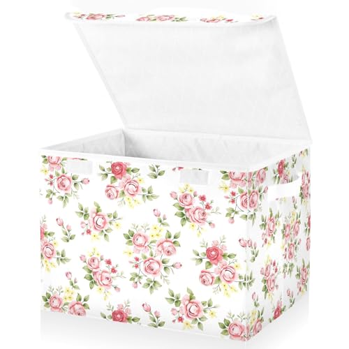 senya Flower Baskets Collapsible Storage Bins with Lids, Pink Rose Flower Floral Storage Boxes Clothes Baskets for Organizing - color: Flower 1