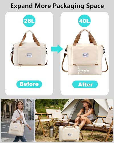 Foldable Travel Duffel Bag for Women, 40L Expandable Carry on Bag Personal Item Flight Approved, Lightweight Water Resistant Overnight Weekender Bag with Wet Pocket for Gym Travel, Beige - color: Beige