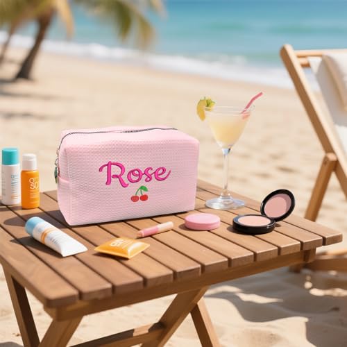 Personalized Cosmetic Bag Waffle Makeup Bag for Girls - Custom Travel Organizer Toiletry Bag with Embroidered Name - Personalized Bridesmaid gifts for Wedding - Gifts for Teen Girls Sister Friend