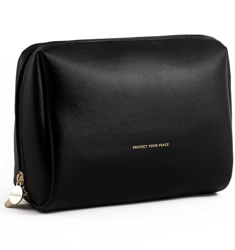 Aveniee Travel Makeup Bag, Large Toiletry Bag for Women, Vegan Leather Travel Pouches Case, Make Up Bag for Travel Essentials Brushes, Cosmetic Bag Purse Organizer with Divider and Gold Zippers-Black - color: Black, size: Large