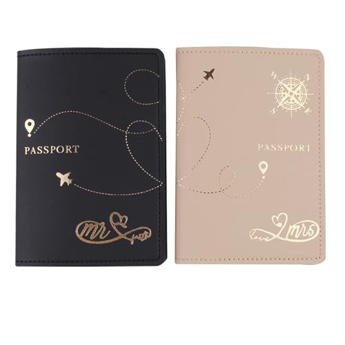 Travel Holder Set,Honeymoon Gift,Slim Passport Case Covers and Organizer Slots Couple Travel Luggage Tags,Wedding Bridal gift - color: Black +Khaki-compass