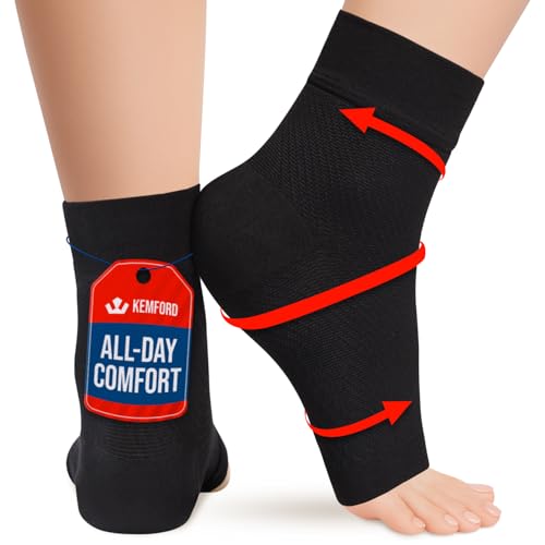 KEMFORD Ankle Compression Sleeve - 1-Pair, Plantar Fasciitis Braces - Open Toe Compression Socks for Swelling, Sprain, Neuropathy, Arch Support for Men and Women - color: Black / 15-20mmHg / 1 Pair, size: Medium