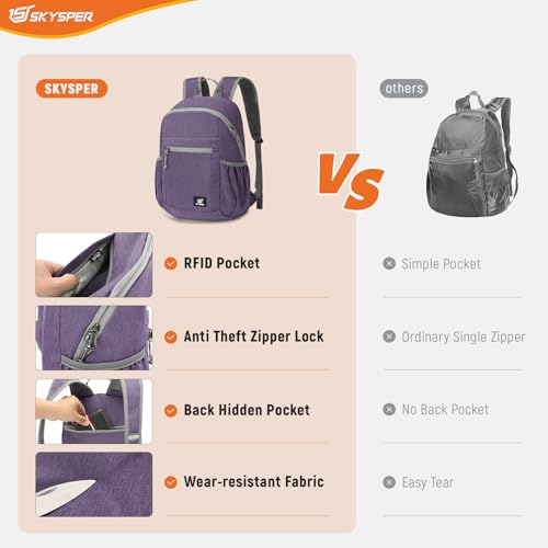SKYSPER Anti Theft Hiking Backpack, 18L RFID Packable Travel Daypack, Lightweight Foldable Back Pack for Walking Daytrip - color: Purple