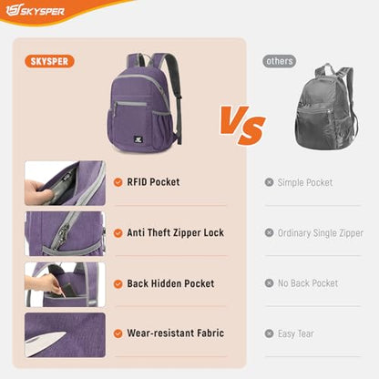 SKYSPER Anti Theft Hiking Backpack, 18L RFID Packable Travel Daypack, Lightweight Foldable Back Pack for Walking Daytrip - color: Purple