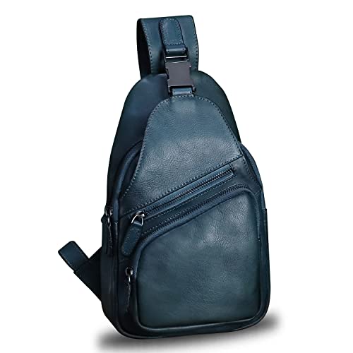 Genuine Leather Sling Bag Crossbody Purse Handmade Hiking Daypack Motorcycle Bag Retro Shoulder Backpack Vintage Chest Bag (NavyBlue) - color: Navyblue