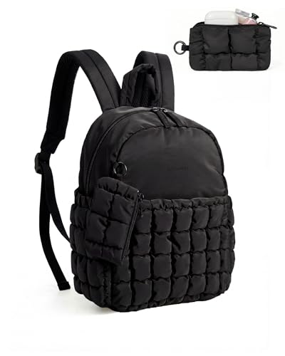 BAGSMART Mini Backpacks for Women, Puffy Checkered Quilted Small Backpack with Pouch, Lightweight Daypack Purse, Water-Resistant Bookbag for Daily Travel College, 2-in-1 Set, Black - color: Jet Black