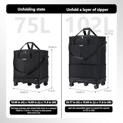 Large Capacity Rolling Duffle Bag with Detachable Wheels,Expandable Foldable Suitcase for Travel,Collapsible Luggage Duffel Overnight Weekend Bags without Telescoping Handle - color: Black