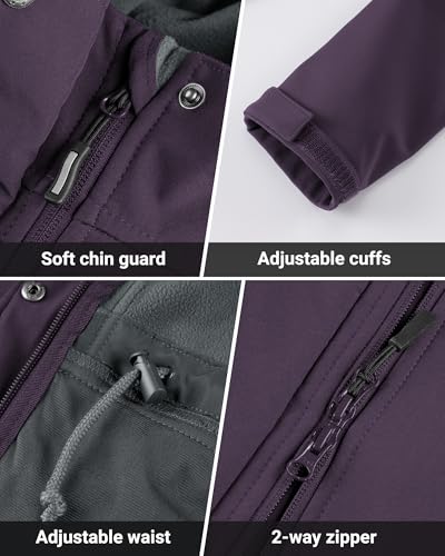 Outdoor Ventures Women's Lightweight Waterproof Fleece Lined Hooded Softshell Rain Jacket, Warm Windbreaker Long Coat - color: Purple, size: XX-Large