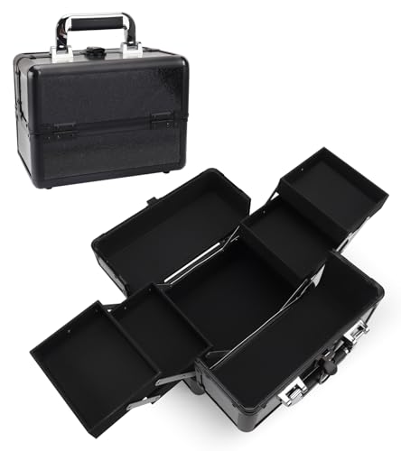Makeup Train Case, 10.2 in Hard Vanity Makeup Box Organizer, Starry Black Cosmetic Organizer Case with 4 Trays, Lockable Portable Makeup Artist Travel Case for Nail Tech Supplies - color: Starry Black-S