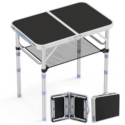 Small Folding Table Portable, 2FT Camping Pinic Table with 3 Adjustable Height, Aluminum Foldable Lightweight Patio Side Table with Carry Handle for Outdoor Hiking Camp BBQ Beach (Black) - color: Black
