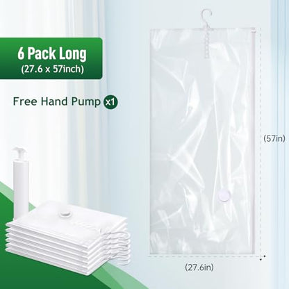 Hanging Vacuum Storage Bags For Clothes With Hand Pump,Coat Storage Bag Hanging,Vacuum Bags For Clothes,Space Saver Vacuum Storage Bags,Garment, Clothing, Dress, Suit, Long Coat, Jacket(Long 6 Pack） - size: 6 Long