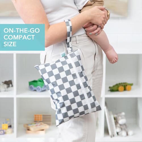 Bumkins - Waterproof Wet Bag, Wet/Dry Clutch & Clear Travel Bags - For Beach, Baby, Travel, Cloth Diapers, Pump Parts, Pool, Gym, Toiletries - Reusable & Easy to Clean - Gray Check - 5 Pack - color: A4 Charcoal Check 5pc
