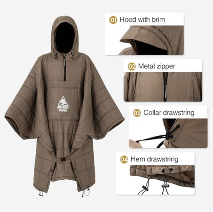 ONETIGRIS Camping Blanket Poncho with with Recycled Synthetic Insulation,Wearable Hoodie Blanket | Ultralight Water-Resistant Warm Camping Blanket for Outdoor, Hiking, Stadium - color: 1pc-brown