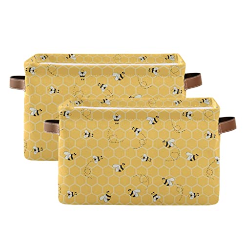 Storage Basket Cute Animal Bee Collapsible Storage Bins Canvas Fabric Baskets for Organizing Toy with Handle for Bedroom Nursery Office, 2PCS - color: Bee, size: 2 pcs