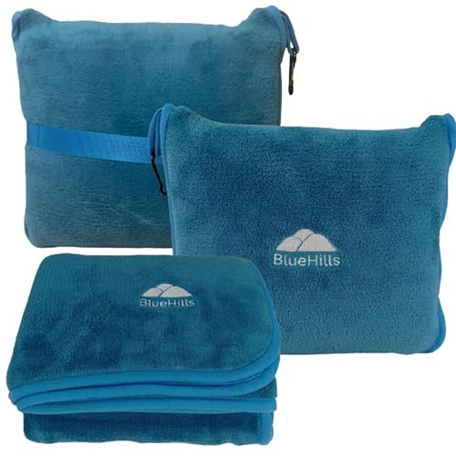 BlueHills Premium Soft Travel Blanket Pillow Airplane Blanket in Soft Bag case with Hand Luggage Belt and Carabiner Compact Pack Large Cozy Plane Car Train Teal Blue T022 - color: Tealblue-1pk-t022