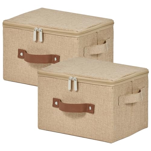 2 Pack Storage Bins with Zipper Lid Cotton Linen Fabric Lidded Storage Baskets Boxes Foldable Washable Closet Shelf Clothes Organizer Container with PU Leather Handles (Linen, Small) - color: Linen, size: Small ( Set of 2 )