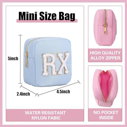 uekeboag Personalized Small Nylon Rx Cosmetic Bag, Cute Chenille Letter Patch Medicine Drug Pouch with Zipper,Preppy Makeup Travel Vitamin Bag for Women and Girls(Light Blue) - color: 02Light Blue