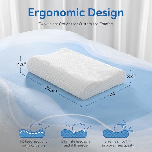 Ergonomic Memory Foam Pillow with Washable Zippered Soft Cover Contour Cervical pillows for Neck Pain and Side Sleeper Back Support Orthopedic Pillow, White - color: White, size: Standard Size