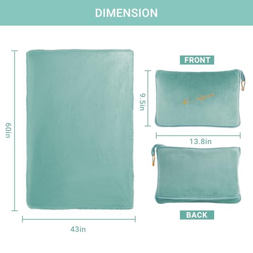 Travel Blanket & Pillow Set, 300 GSM Soft Fleece, 60x43 Inches, 3-in-1 Airplane Blanket, Travel Pillow and Blanket Set, Travel Blanket Airplane Compact with Bag, Travel Essentials,Mint Green - color: Mint Green-1