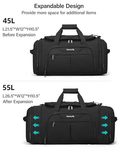 Hanke Expandable Carry On Luggage Bag,3 in 1 Duffle Bag for Travel,45L-55L Weekender Overnight Bag with 15.6" Compartment for Women & Men (Black) - color: Black