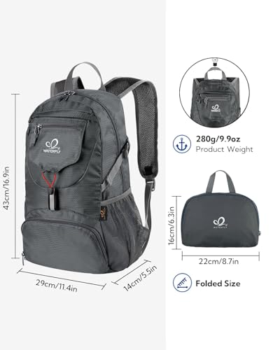 WATERFLY Small Lightweight Packable Backpack: 20l Ultra Light Foldable Travel Hiking Camping Daypack Day Pack for Man Woman - color: Gray