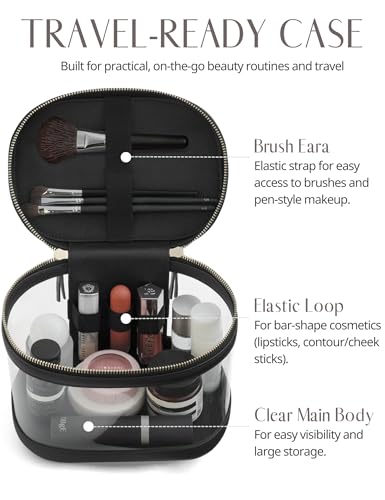 Popvibe Clear Makeup Bag Travel Cosmetic Case Transparent Toiletry Bag with Zipper, Portable Make Up Organizer Traveling Compact Car Bag for Essentials - color: Black, style: Train Case