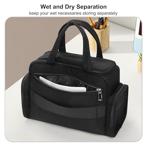 Travel Toiletry Bag for Women, Lightweight Wide-open Toiletries Travel Bag with Handle, Large Cosmetic Organizer with Makeup Brushes Compartment for Essentials for Trip, Camping - Black