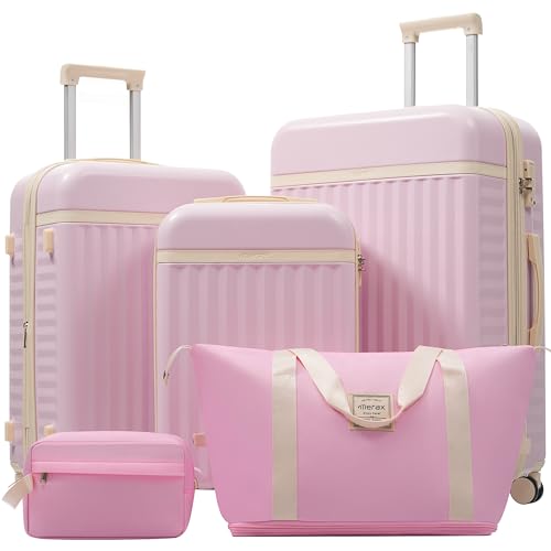 Merax Luggage Sets, Durable Hardshell 3 Piece Suitcase with Double Spinner Wheels and Handle Bags,Lightweight Carry on Luggage with TSA Lock,20+24+28 inches,Pink - color: Pink, size: 3 Piece(20+24+28+Bags）