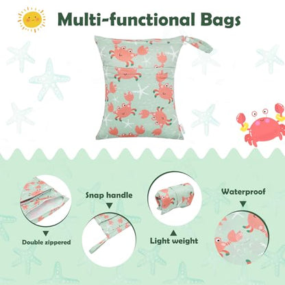ALVA ALVABABY 3pcs Cloth Diaper Wet Dry Bags Waterproof Reusable with Two Zippered Pockets Travel Beach Pool Daycare Soiled Baby Items Yoga Gym Bag for Swimsuits or Wet Clothes 3L-ZM15A - color: Whale crab turtle