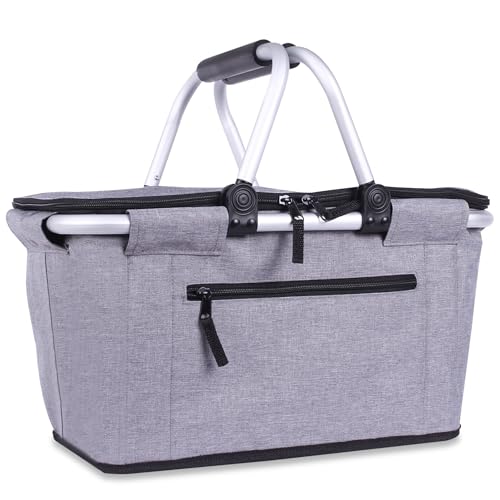 Picnic Basket, SIYUAN Collapsible Shopping Basket Insulated with 2 Handles 27L Large Cooler with Lid Portable Folding Grocery Market Tote Bag, Grey - color: Gray