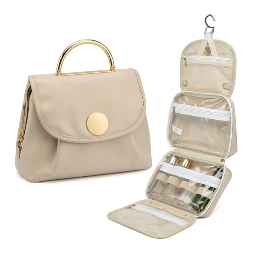 Travel Toiletry Bag for Women - Hanging Cosmetic Makeup Organizer with Clear Compartments, Water-Resistant Cosmetic Bag, Perfect for Vacation, and Daily Use (White) - color: White