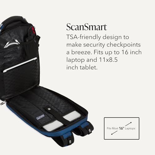 SwissGear Travel Tech Elite Laptop Backpack – Fits Laptops up to 16” – ScanSmart TSA-Friendly Backpack with USB Port, Shoe Compartment & Organizer Pockets – Blue/Black - color: Black/Blue, style: Travel Tech Elite