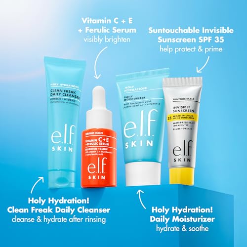 e.l.f. SKIN Wake the e.l.f. Up Skincare Kit, Travel-Size Hydrating Face Cleanser, Sunscreen, Moisturizer & Brightening Serum, Vegan & Cruelty-Free - style: Wake the e.l.f. Up Skincare Kit