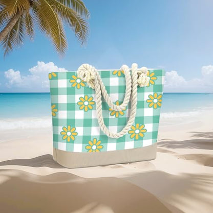 Fokongna Tote Bag For Women, Beach Bag Best Friend Travel Birthday Gifts, Travel Parties Vacation Shopping Essentials - color: Daisy Green Gingham