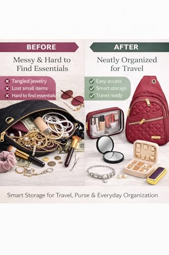 Travel Essentials Gift Set for Women – 7 Pc Travel Kit with Sling Bag, TSA Pouch, Jewelry Case & Sleep Mask - color: Burgundy