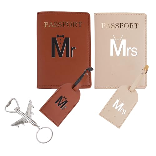 Passport Wallets Travel Holder Set,his and her passport holder and luggage tags,Honeymoon gift, Slim Passport Case Covers - color: Brown +Khaki-tie