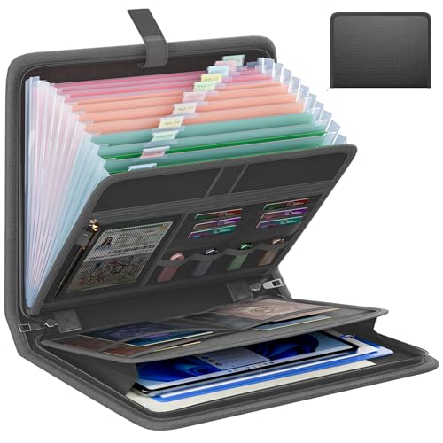 Fireproof Accordion File Organizer, Portable Expanding File Folder with Waterproof Zipper&Labels, Dark Gray Document Organizer with 13 Pockets, File Organizer for Important Document/Paper Storage - color: Dark Gray