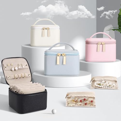 DesignSter Small Jewelry Box, Travel Small Jewelry Organizer with Earring Tray and Ring Holder, Square Travel Jewelry Storage Case with 6 Velvet Jewelry Pouches, Beige - color: Beige