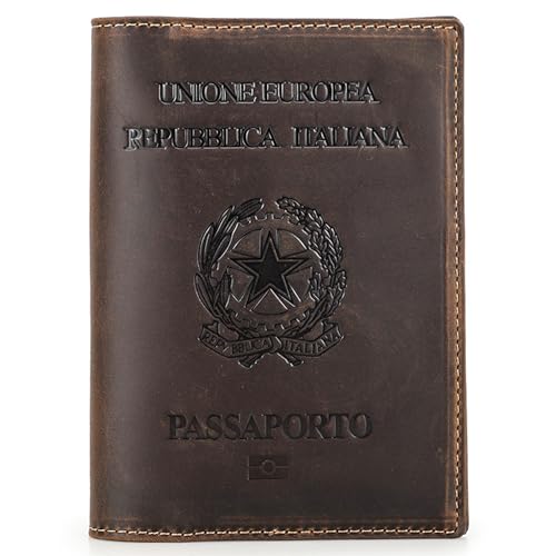 Top Grain Leather Single Travel Passport Wallet Embossing Badge for Unisex, Folio Design for Passport & Multi Cards, RFID Blocking for Passport/Cards/Checks/Bills/AirTag, Coffee Default, IT - color: 【IT】Italy Cover-Default Coffee, size: Badge Embossed Cov