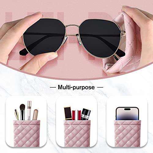 Squeeze Top Sunglass Pouch - Portable Sunglass Organizer Pouch Bags Soft PU Leather Glasses 2 Pack - color: Pink-black