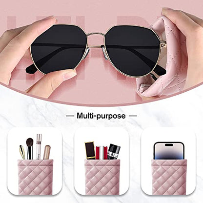 Squeeze Top Sunglass Pouch - Portable Sunglass Organizer Pouch Bags Soft PU Leather Glasses 2 Pack - color: Pink-black