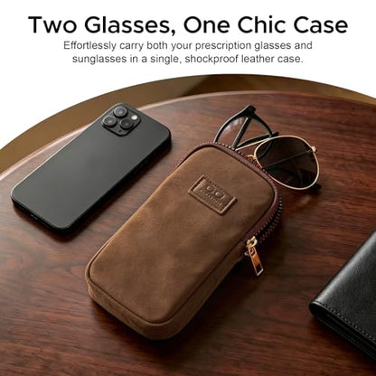 KINIVA Double Eyeglass Case for Men Women, 2-in-1 PU Dual Sunglasses Case, Scratch-Proof Travel Eyeglass Holder for Purse Car - style: Brown Matte