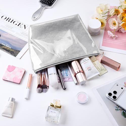 WLLWOO PVC Waterproof Makeup Bag Kraft Paper Cosmetic Bag Travel Toiletry Zipper Pouch Organizer for Women Purse - color: PVC-Silver