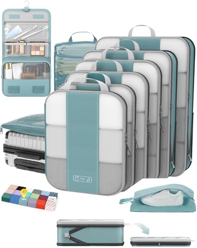OlarHike 10-Pack Compression Packing Cubes for Travel Essentials,Compressible Expandable Packing Cubes for Suitcase,Luggage Garment Bags for Travel,Handy Helper for Organizing Clothes(Blue Gray) - color: Blue Gray